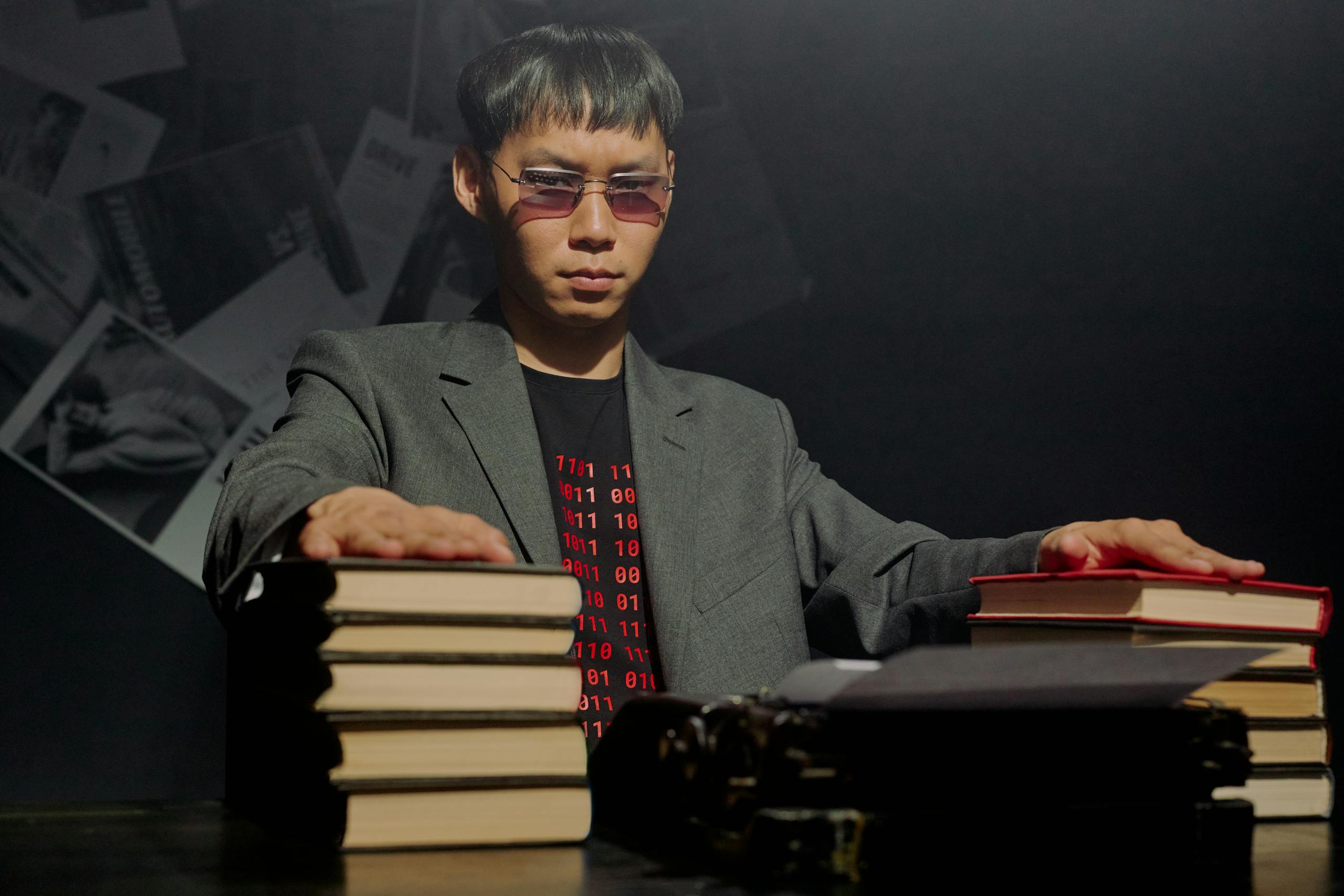 A serious man sits indoors with stacks of books and a vintage typewriter, exuding a journalistic aura.